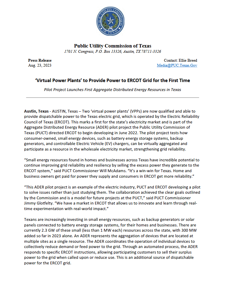 Public Utility Commission of Texas — Virtual Power Plants to Provide Power to ERCOT Grid